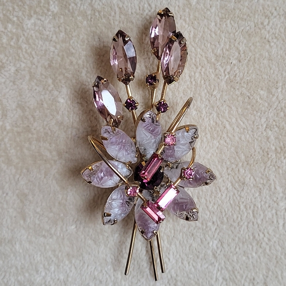 VTG D&E Juliana Light Pink Mauve Rhinestone Flower Spray Brooch Dimensional 3